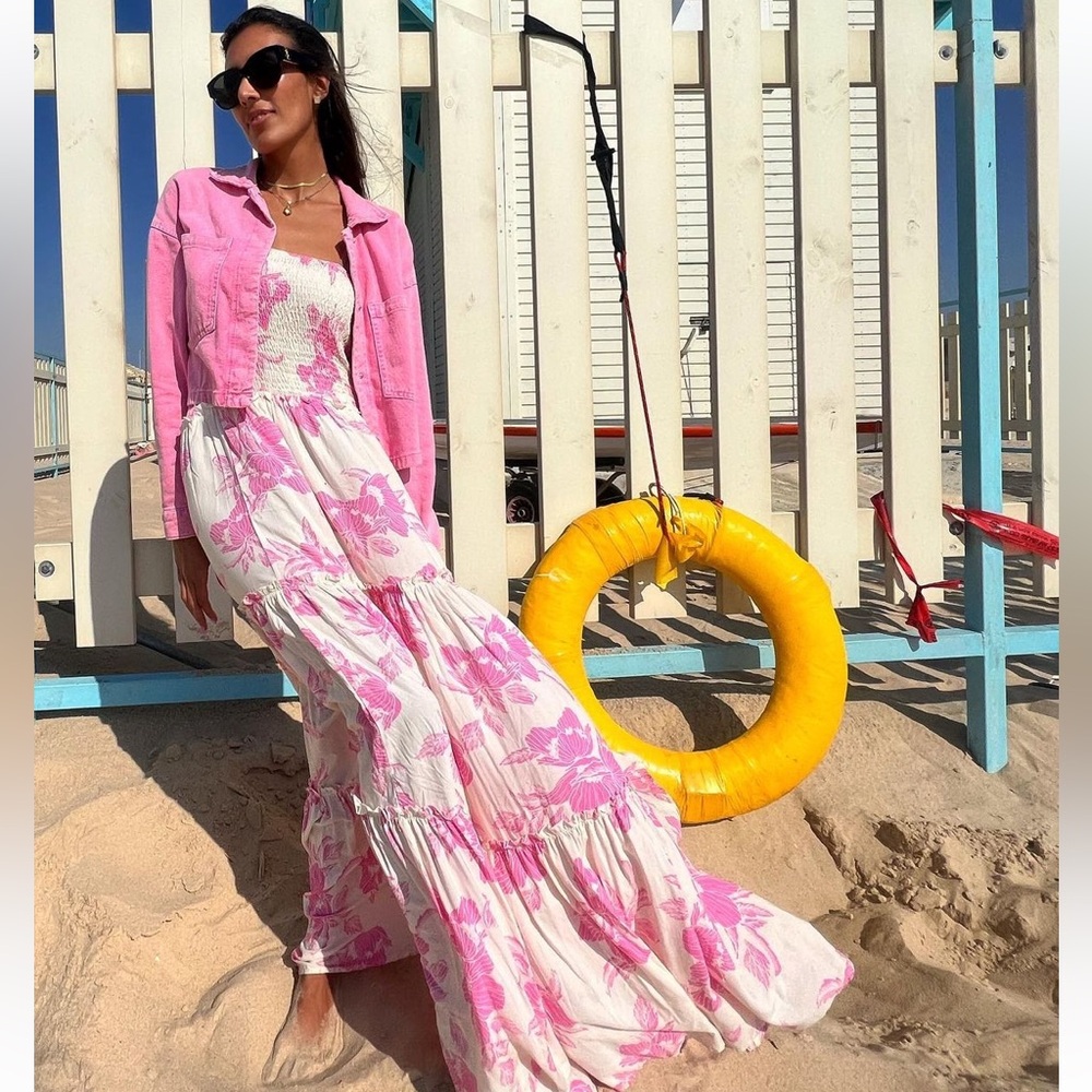 ANTHROPOLOGIE| White and pink floral tube dress | s